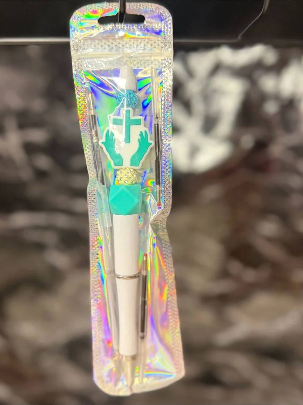 Teal Cross Focal Bead Pen Black and Blue Ink